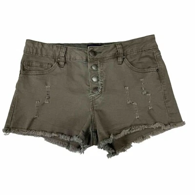 Angel Kiss Size 7 Shorts Denim Collection Olive Green Button Fly Raw Edge Hem - Image 1 of 4
