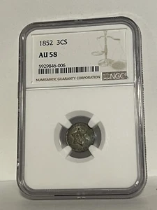 1852 Three Cent Silver Coin - AU 58 NGC (Like PCGS) - Picture 1 of 2