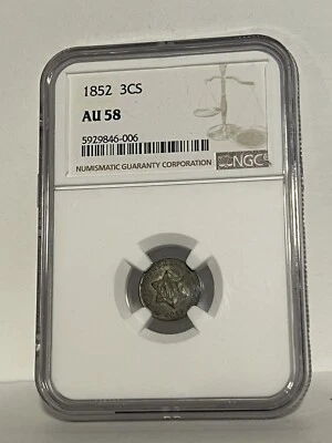 1852 Three Cent Silver Coin - AU 58 NGC (Like PCGS) - Image 1 of 2