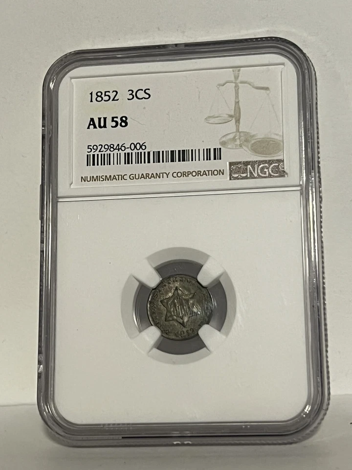 1852 Three Cent Silver Coin - AU 58 NGC (Like PCGS) - Image 1 of 2