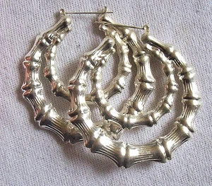 Large BAMBOO Hoop EARRINGS Silver Tone DOUBLE HOOPS Door Knockers 3.25 INCH - Picture 1 of 3