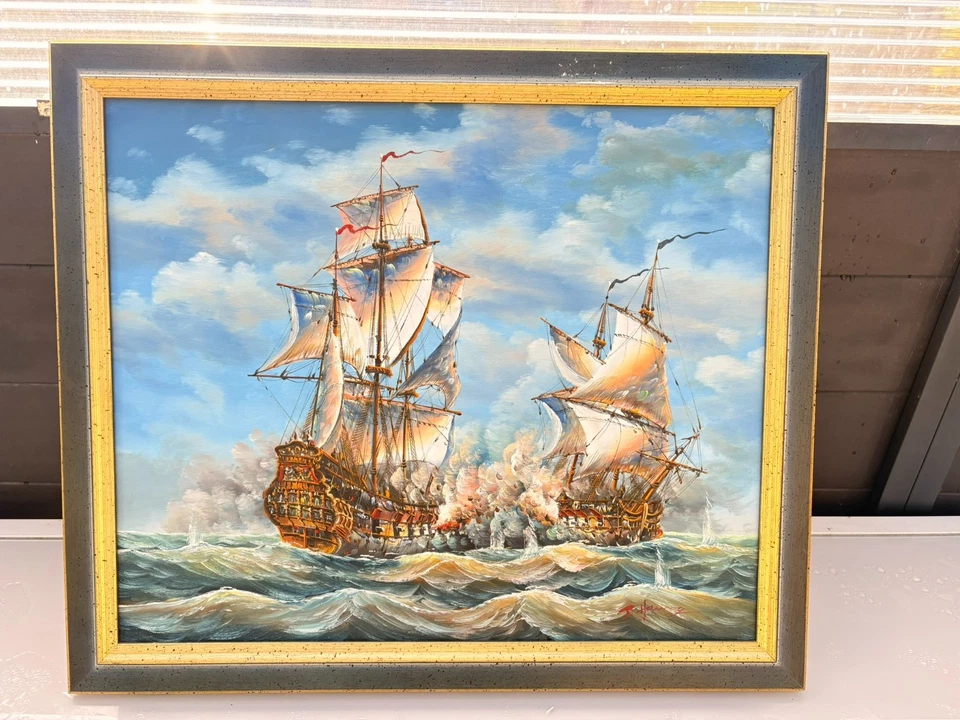 Tableau Peinture Huile Toile Marine Galion Bateau Bataille Navale Signé Encadré - Photo 1/4