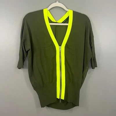 Cárdigan Karen Millen Talla 3 Cremallera Frontal Cizalla Trasera Verde Borde Fluorescente Top Foto 1 de 4