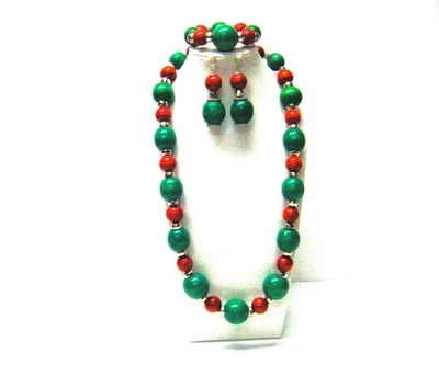 Grueso redondo/verde ovalado con cuentas de madera naranja oscuro collar/pulsera/pendientes Foto 1 de 4