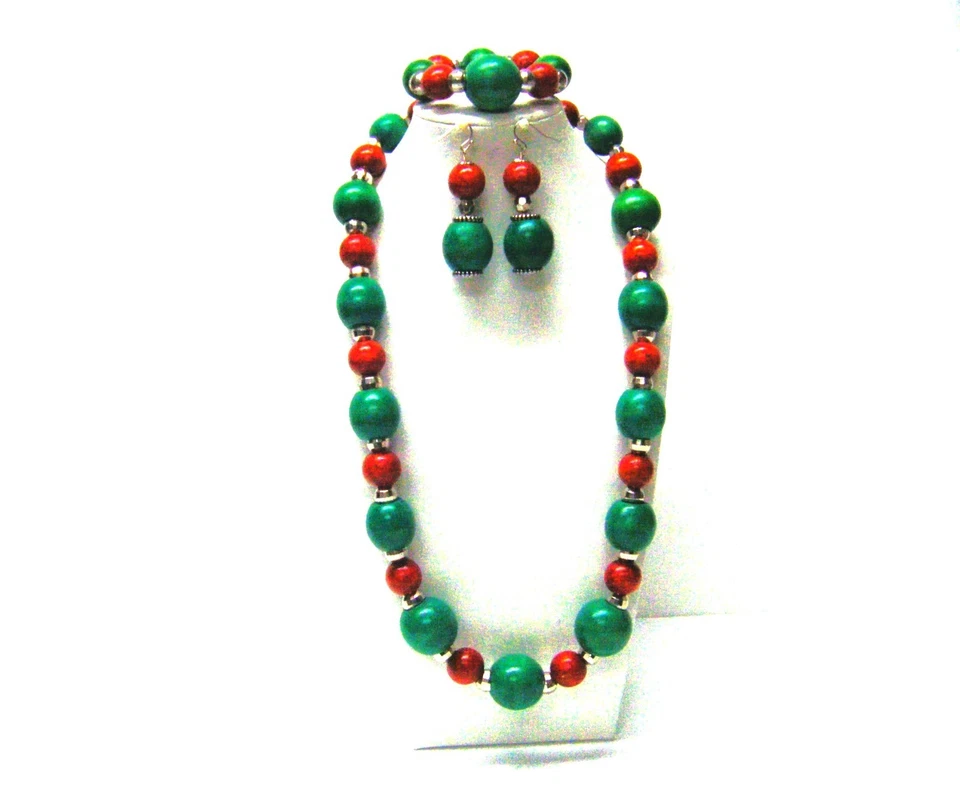 Grueso redondo/verde ovalado con cuentas de madera naranja oscuro collar/pulsera/pendientes Foto 1 de 4