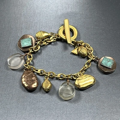 LCI LIZ CLAIBORNE Copper & Gold Tone Multicolor Charm Bracelet SIGNED 7.25" - Image 1 of 4