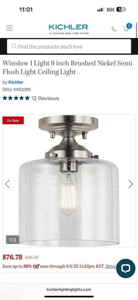 KICHLER Winslow 8,5” 1 luz níquel cepillado contemporáneo luz de montaje semi-al ras Foto 1 de 1