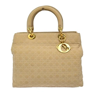 CHRISTIAN DIOR Lady Cannage Tote Hand Bag Nylon Leather Beige GHW Italy 82EF879 - Picture 1 of 16