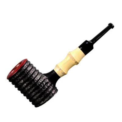 Handcrafted Briar Poker Pipe Wooden Carved Tobacco Pipe Straight Bamboo Stem - Image 1 of 4