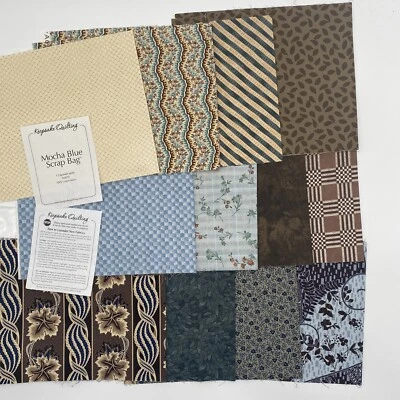 Recuerdo Acolchado "Azul Moca" 12 cuartos de yarda Algodón Azul Beige Marrón Foto 1 de 4