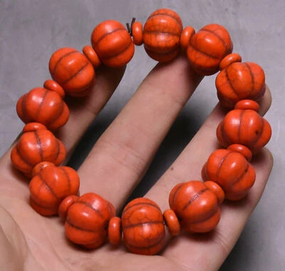 1.5cm Old China Red Coral Carving Dynasty Pumpkin Shape Hand Chain Bracelet - Image 1 of 4