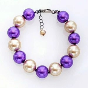 Mint Sterling Solver Large Gold & Purple Simulated Pearl Beads Bracelet 8" - Picture 1 of 4