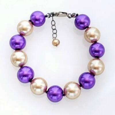 Mint Sterling Solver Large Gold & Purple Simulated Pearl Beads Bracelet 8" - Image 1 of 4