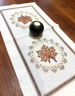Table Top Runner Topper Decorative Linen Crochet Thanksgiving Arlette Hand Made - Image 1 of 4