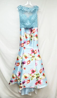 Vestido sereia feminino Jovani azul estampa floral duas peças saia Mikado tamanho 0 - Imagem 1 de 4