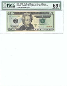 2009 $20 FRN FR2095F PMG 69 EPQ, Atlanta S/N F44444448D Almost Solid!!! - Picture 1 of 2