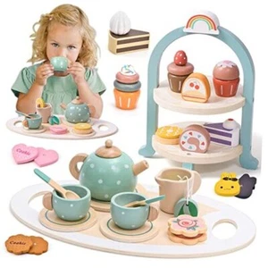 Wooden Tea Party Set for Little Girls 28 Pcs Toddler Tea Set with Cupcake - Picture 1 of 7