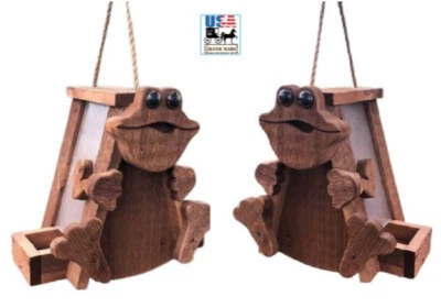 RUSTIC FROG BIRD FEEDER - Amish Handmade Mushroom Wood - Image 1 of 3