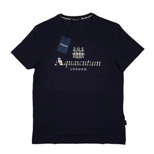 Aquascutum XL Navy Blue Signature Check Logo T-shirt Men's Crew Neck Slim Fit - Picture 1 of 19