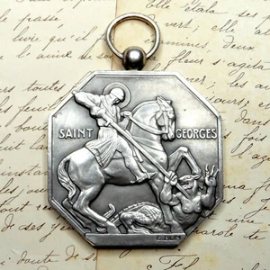 Saint George slays the dragon. Antique Religious Large Pendant. Medal by Blin. - Picture 1 of 11