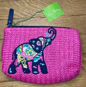 Vera Bradley Pink Woven Straw Embroidered Elephant Cosmetic Make up Bag - Picture 1 of 6