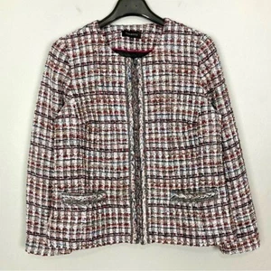 Talbots Adele Tweed Jacket Women’s Size 16 Fringe Trim Pockets Hook and Eye - Picture 1 of 10