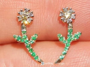 14K YELLOW GOLD EMERALD DIAMOND & YELLOW SAPPHIRE 7/10th INCH FLOWER EARRINGS - Picture 1 of 6