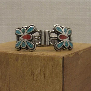 Sterling Silber Schmetterling Uhrenspitzen mit Türkis und Koralle Chip Inlay + - Bild 1 von 3