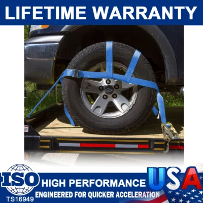 2 Car Heavy Duty Basket Tiedown Straps Tire Tow Dolly Wheel Net Set W/Flat Hooks - Image 1 of 4
