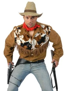 Cowboy Shirt Men's 2 Pc Brown Poly & Faux Fur Cow Prt Fringed Shirt & Red Scarf  - Picture 1 of 1