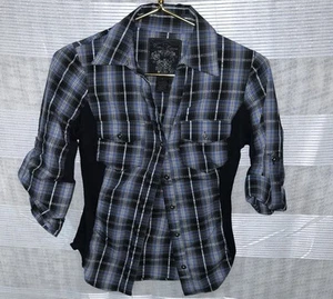 Womens Blue Black Plaid Cotton Express 3/4 Sleeve Shirt Size Small - Picture 1 of 4