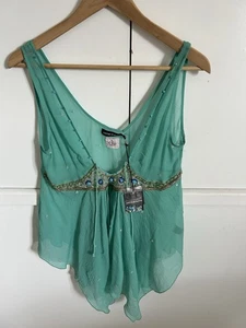 Antik Batik 100% Silk Floaty Embellished Aqua Liza Sleeveless Boho Blouse M NEW - Picture 1 of 23