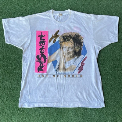 Talla M/L- Vintage 1989 Rod Stewart 'Out Of Order' Tour Camisa Hombre Blanco Pop EE. UU.!! Foto 1 de 4