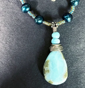 Collar colgante de aventurina turquesa profunda hecho a mano perlas de Tahití 16 pulgadas - Imagen 1 de 2