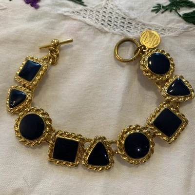 PULSERA ANN KLEIN ETIQUETA COLGANTE FIRMADA AK FORMAS GEOMÉTRICAS AZUL MARINO ESMALTE PALANCA  Foto 1 de 4