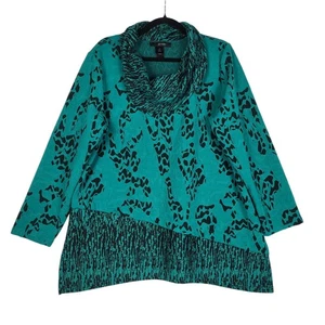 Ali Miles Tunic Top Women's XL Green Black Cowl Neck Asymmetric Artsy Long Sleev - Picture 1 of 9