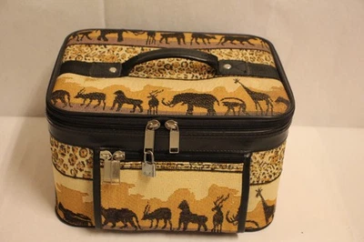 Vintage Safari Animal Tapestry Makeup Train Travel Luggage Bag Case w/lock & key - Image 1 of 4