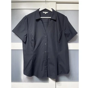 Vintage Peacocks Black V Neck Short Sleeve Tailored Cotton Shirt Size 18 - Picture 1 of 11