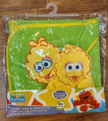 NUEVA TOALLA CON CAPUCHA SESAME STREET CON GUANTE DE LAVADO, Big Bird Green Foto 1 de 4