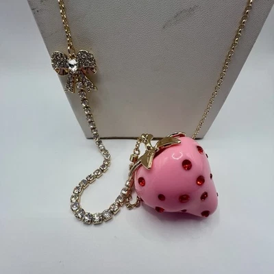 Betsey Johnson Pink Strawberry Necklace Red Rhinestone Pave Crystal Bow   NWT - Image 1 of 4