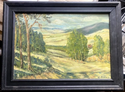 Ölgemälde Jugendstil  Landschaft mit Kornhocken Feldern und Dorf  - F. Schmid öl - Bild 1 von 4