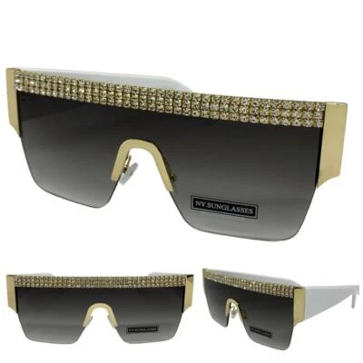 VIDRIOS DE SOL Escudo Moderno Clásico Grande Dorado y Blanco Marco Bling Foto 1 de 4