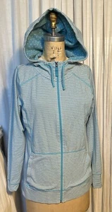St Johns Bay Womens Turquoise White Striped Zip Hoodie Sz M Used - Picture 1 of 9