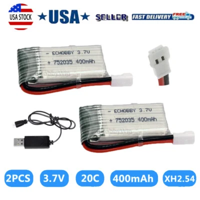 2pcs 3.7V 400mAh Lipo Rechargeable Battery for P51 F4U BF109 RC Plane - Image 1 of 4