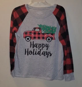 Brooks Red Black Buffalo Plaid " Happy Holidays" VTG Farm Truck LS Leisure Top S - Picture 1 of 7