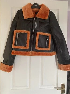Ladies Orange Borg Trim Cropped PU Jacket From PrettyLittleThing Size 4 - New  - Image 1 of 4