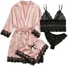 Soly Hux Women's Sleepwear 4Pcs Floral Lace Trim Satin Cami Pajama Set With Robe