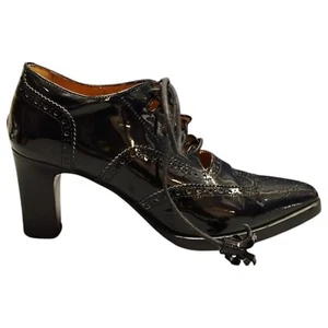 Ralph Lauren Rare Italy Lace Up Block Heels Womens Size 7.5B Black Almond Toe - Picture 1 of 14