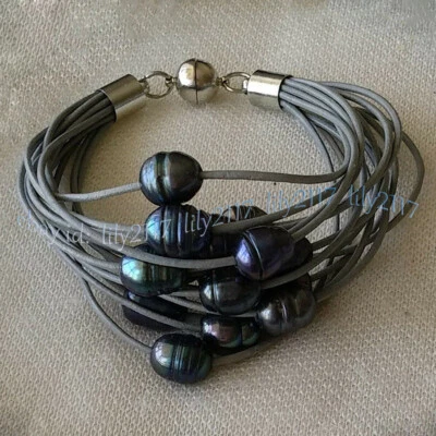 15 行天然 10-11 毫米多色淡水米珍珠皮革手链 8 英寸 — 第 1/4 张图片