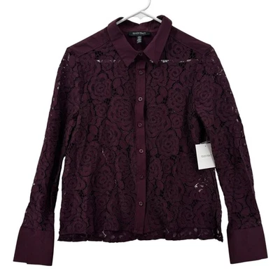 Camisa Ellen Tracy Feminina Pequena Borgonha Degustação de Vinho Renda Transparente Botão Para Cima Vestida - Imagem 1 de 4